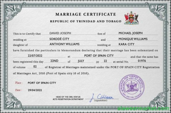 Trinidad and Tobago marriage certificate PSD template